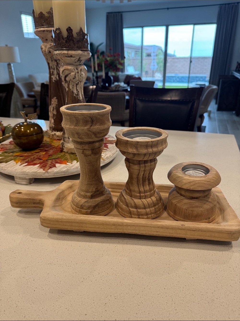 Wooden Candle Holders on Serving Tray - Natural Wood